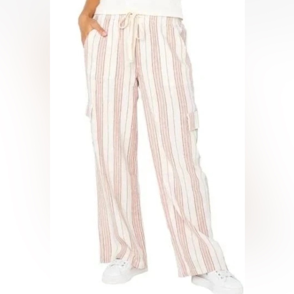 New Roxy Women's Linen Blend Cargo Pant‎ lightweight pink Stripes XS